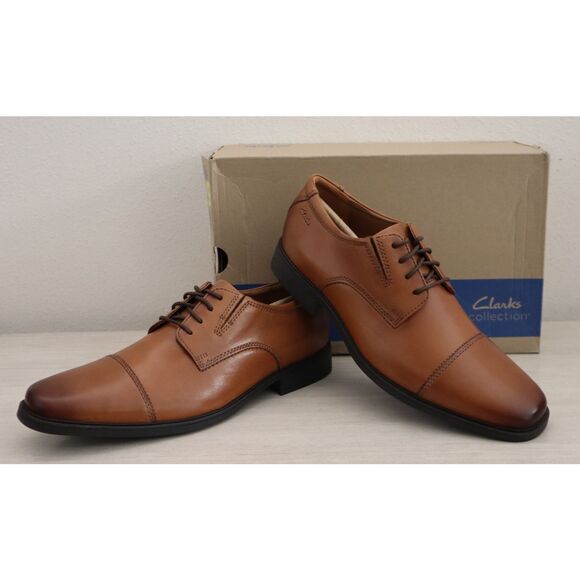 Clarks 26130096 Men's Sz 9.5M Dark Tan Leather Tilden Cap Toe Oxford Shoes - Picture 1 of 14